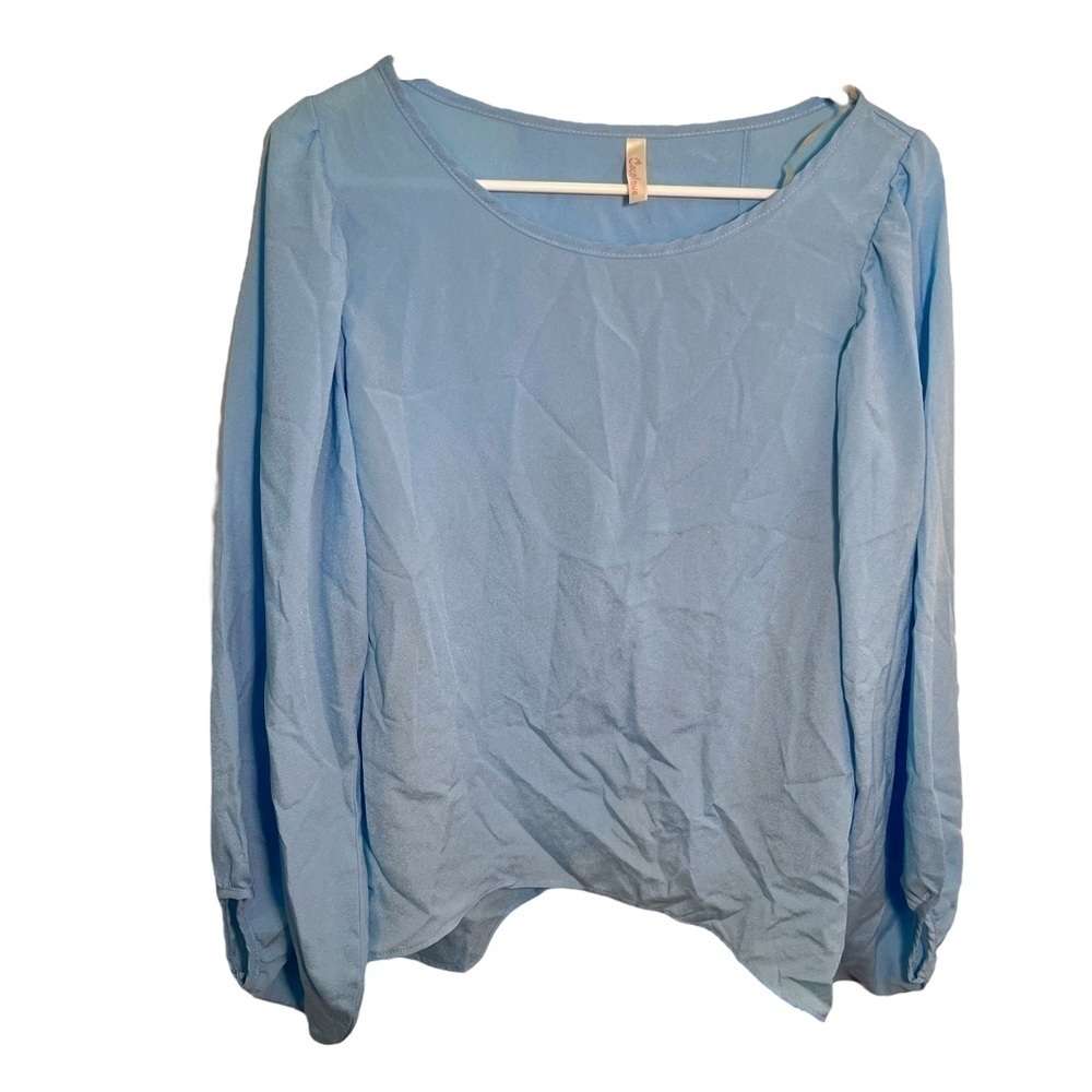 Coco Love Women's Size Large‎ Long Sleeve Blouse Light Blue Wrap Back Round Neck
